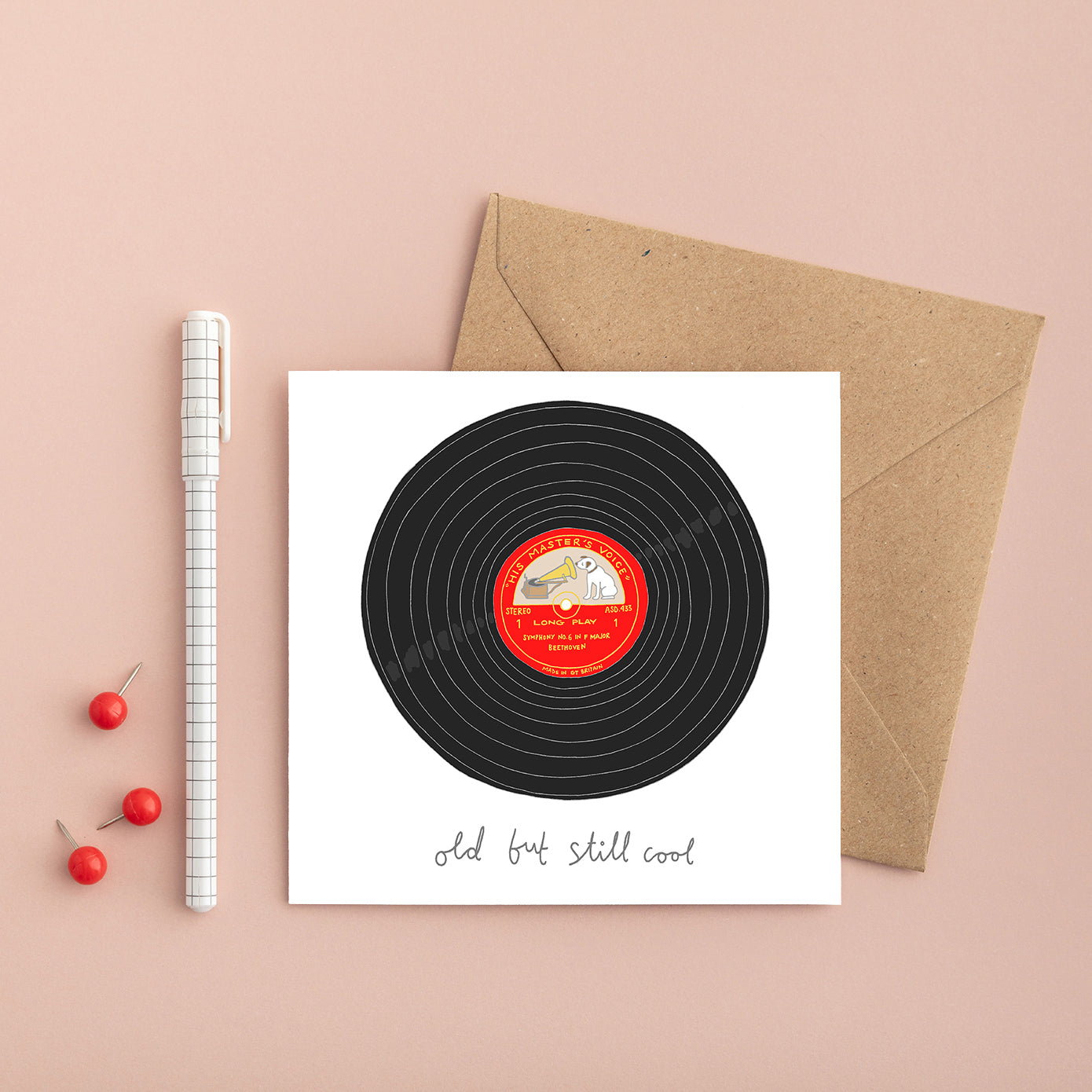 A retro birthday card with an illustration of a record