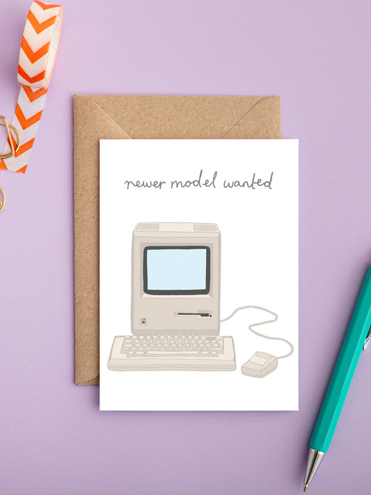 A retro birthday card with an illustration of a macbook