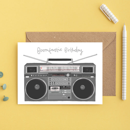 A retro birthday card with an illustration of a boom box