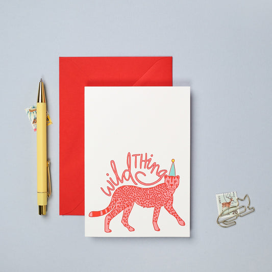 This hand drawn birthday card features a colourful illustration of a leopard