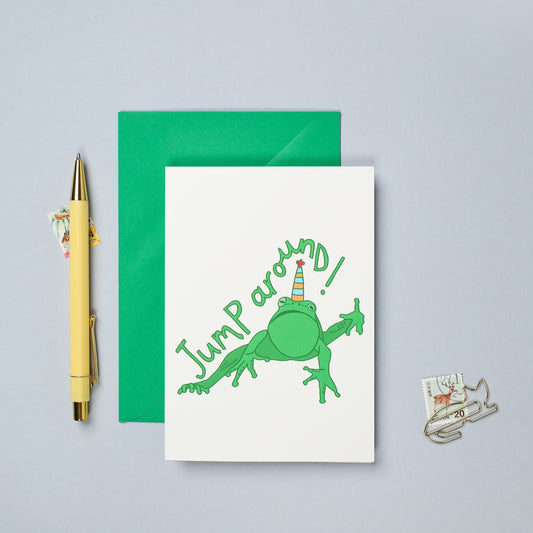 This hand drawn birthday card features a colourful illustration of a frog.
