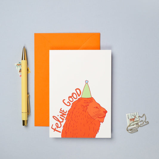 This hand drawn birthday card features a colourful illustration of a lion.